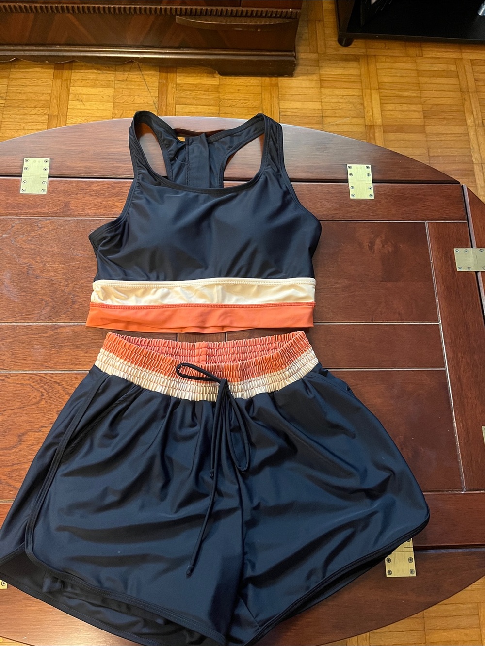Retro look Black & Orange Colorblock Sports Bra and Shorts Set